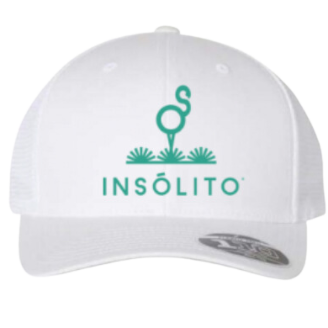 INSÓLITO White Trucker Hat with Green Flamingo Logo